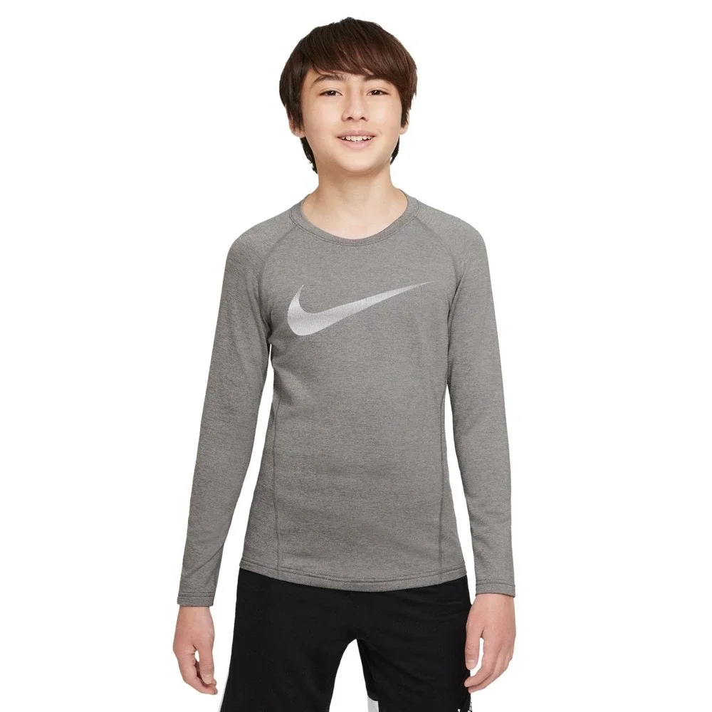 Nike Boys Grey Pro Warm Standard-Fit‎ Logo-Print Long-Sleeve T-Shirt Size L